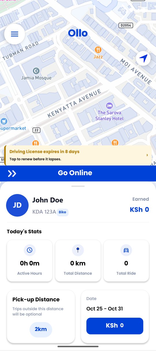 Ollo Driver home screen with the Go Online bar