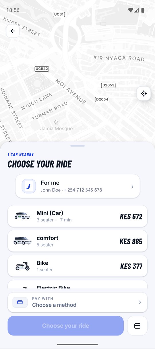 Ollo app showing Bike, Mini and Comfort prices for one trip