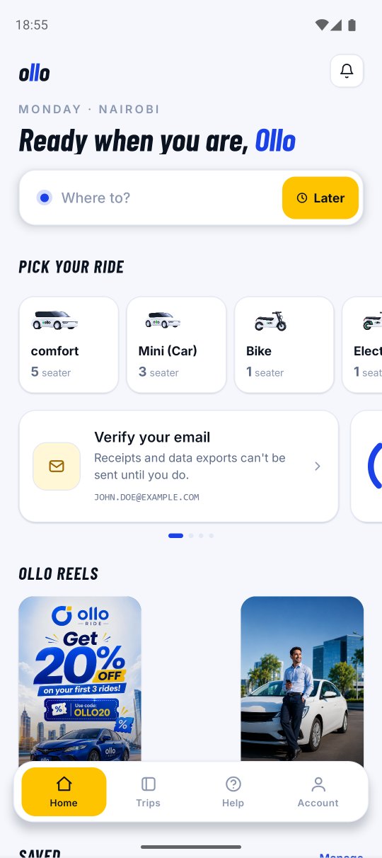 Ollo rider app home screen